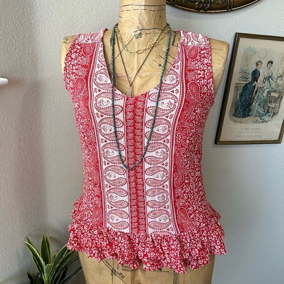 Ava Christine Red White Paisley Floral Ruffle Hem Sleeveless Blouse sz XS - Picture 5 of 9